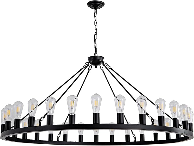 Wagon Wheel Chandelier Farmhouse 53" 30-Light Large Black Farmhouse Round Wheel Chandelier Light fixtures Outdoor Wagon Wheel Chandeliers for Porch high Ceilings Dining Room Living Room