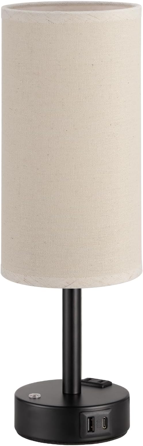 Touch Bedside Table Lamp with Memory - Stepless Dimmable Lamp for Bedroom, Small Nightstand Lamp with Dual USB Charging Ports and AC Outlet, Wood Night Light, Deak Lamp for Nursery (Beige & Black)