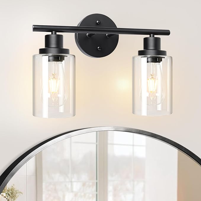 Unicozin 2 Light Vanity Lights, Black Wall Sconce Light with Clear Glass, Bathroom Light Fixtures, Wall Lights for Mirror, Living Room, Bedroom, Hallway, E26 Base (Bulbs Not Included)