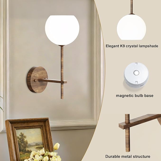 Walnut Grain Battery Operated Wall Sconces Set of 2, Rechargeable Wireless Wall Lights with Milky White Frosted Glass, 12 RGB and 3CCT Dimmable, Wall Lamps with Remote for Bedroom Living Room Hallway