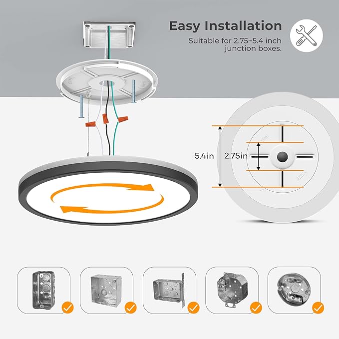 Matane 12 inch LED Flush Mount Ceiling Light with Night Light, 2400LM Dimmable, 3000K/4000K/5000K Selectable, Round Ultra-Thin Black Ceiling Light Fixture for Bedroom, Kitchen, Hallway, Closet