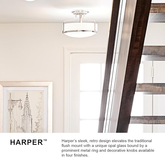 Hinkley Harper 3643BK Large Semi-Flush Ceiling Light, Sleek, Retro Style, Black and Etched Opal Glass