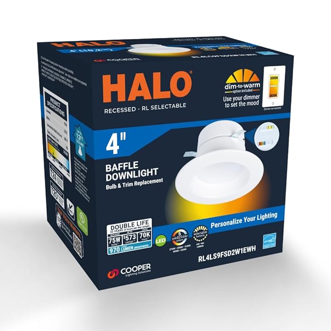 HALO RL 4 inch LED Recessed Light Retrofit Selectable CCT 2700K 3000K 3500K 4000K 5000K Dimmable Dim to Warm 600/900 Lumens Wet Location Indoor Outdoor Ceiling Downlight RL4LS9FSD2W1EWH