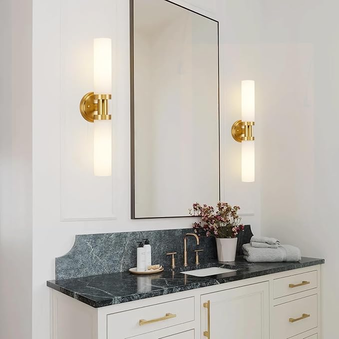 SANTOSTOCK Gold Bathroom Light Fixtures Modern Vanity Lights W/White Glass Shade, 2-Light Sconces Wall Lighting for Mirror Kitchen Bedroom Hallway, Brushed Brass Gold Wall Decor Wall Mount Lamp