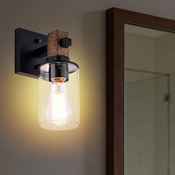 Rustic Wall Sconces,Hardwired 1-Light Brown Wood Farmhouse Sconce with Clear Glass Cylinder Shade,Matte Black Metal Wall Light,E26 Indoor Bathroom Vanity Fixture for Mirror,Bedroom,Hallway