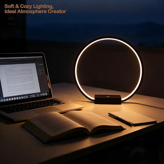LED Circle Table Lamp Touch Control 3-Way Dimmable Bedside Nightstand Lamp with USB Port Modern Tabletop Lamps, 12W 3000K Warm Light, Desk Lamp for Bedroom Living Room, Black