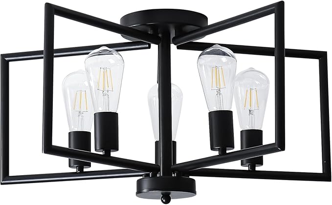 5-Light Black Semi-Flush Mount Ceiling Chandeliers, Geometric Five-Pointed Star Shape Industrial Metal Lighting Fixture for Foyer Entryway Hallway Living Room Modern Farmhouse Kitchen Island