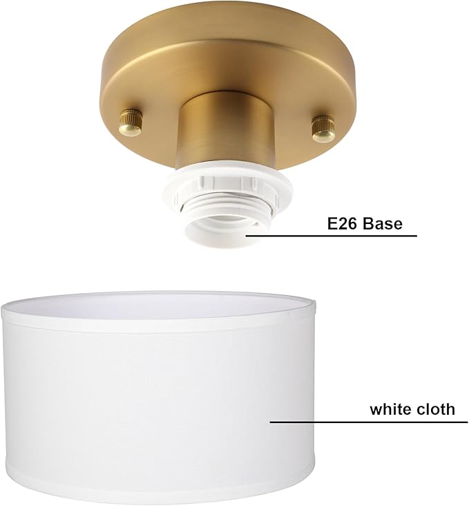 Yosoan White Indoor Hallway Ceiling Light Fixture, 1-Light Antique Brass Vanity Vintage Semi Flush Mount Light Retro Night Lamp for Bedroom Dinning Room Living Room Corridor Kitchen Entryway Passway