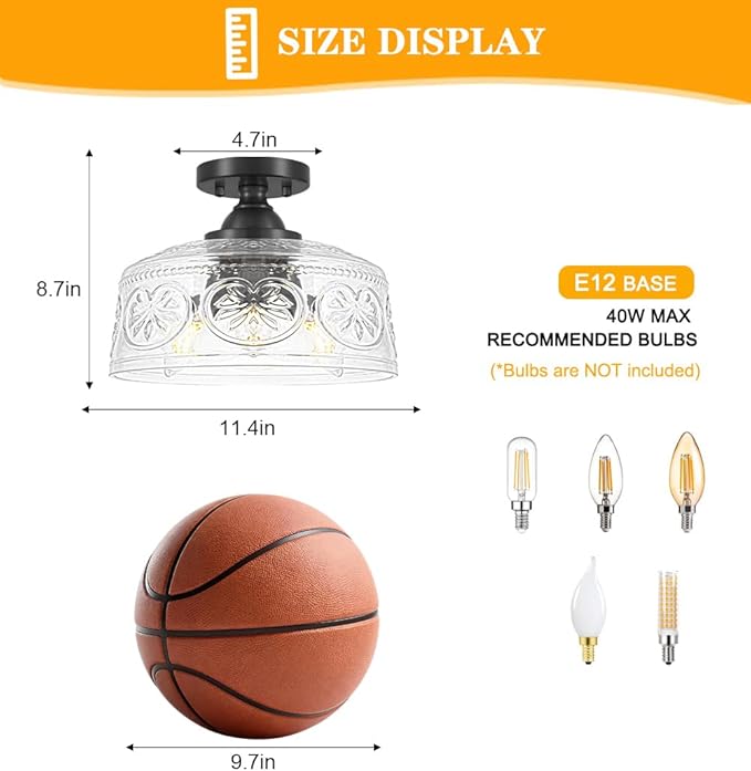 11.4In Vintage Black Semi Flush Mount Ceiling Light Fixture, 3-Light Hallway Light Fixture with Thickened Glass, Close to Ceiling Light for Kitchen, Entryway, Foyer, E12