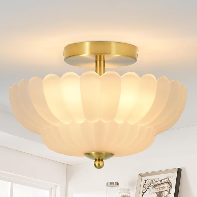 11.8 inch Kitchen Ceiling Light, 3-Light Semi Flush Mount Ceiling Lamp with Flower Glass, Modern Close to Ceiling Light Fixtures for Bathroom Bedroom Hallway Entryway, Milk White