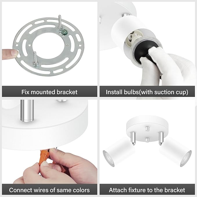 2 Light Track Lighting Fixtures Ceiling, Matte White Round Directional Ceiling Spotlight, GU10 Flush Mount Track Fixture, Flexibly Rotatable Light Head for Kitchen/Living Room, Bulb Not Included
