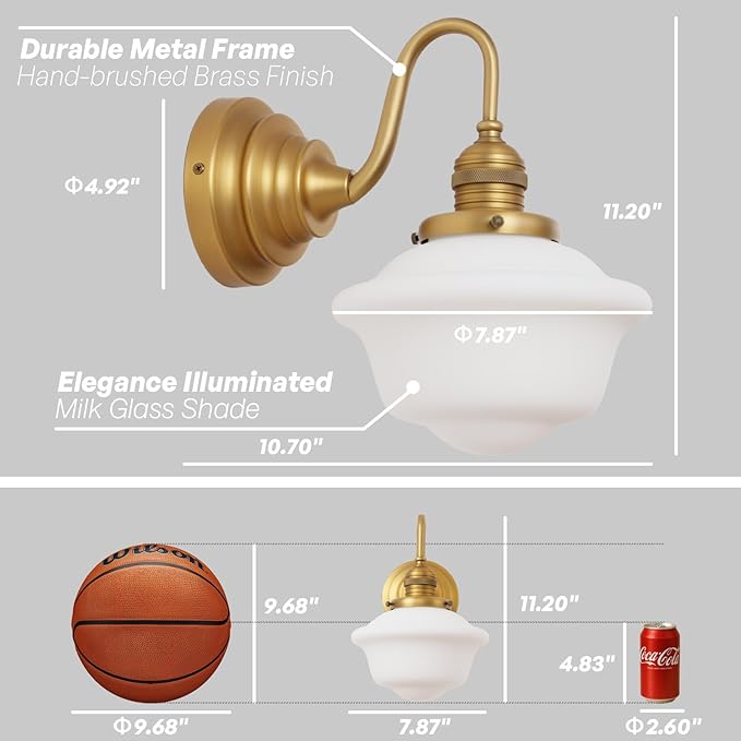Vintage Wall Sconces Antique Brass Gold Bathroom Vanity Light with Milk Glass Hardwire Wall Sconce Light Lamp for Bathroom Mirror Living Room Bedroom Kitchen Indoor