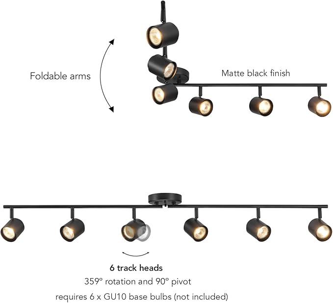 GLOBE Electric 64000167 47" 6-Light Foldable Track Lighting, Matte Black, Pivoting Track Heads, Ceiling Light, Home Improvement