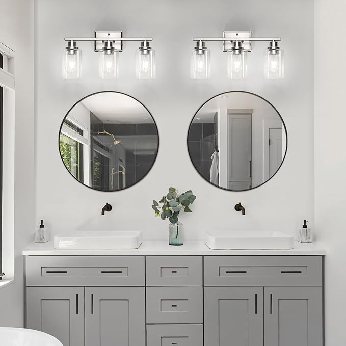 Unicozin 3 Light Bathroom Light Fixtures, Modern Vanity Lights Over Mirror, Brushed Nickel Wall Lamp with Clear Glass for Living Room Cabinet Bedroom Porch
