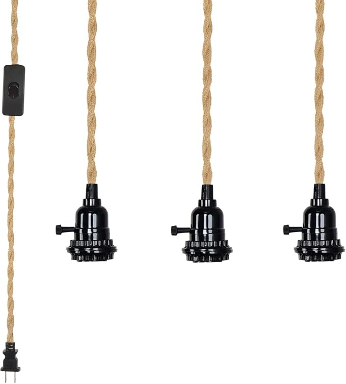 Triple Plug in Pendant Lights with Cord Hanging Lamp Kit with Switch 23 Ft Long Hemp Rope Farmhouse Pndant Light Cord Lighting Fixture Kits DIY Hanging Light