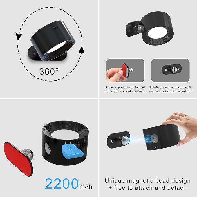 AKSDA 3Pack Battery Operated Wall Sconce, 3 Color Modes 3 Brightness Levels 360°Rotation Lighting Timer Touch & Remote Control, Wall Mounted Lamp LED Wall Lights for Bedroom Reading Bedside (Black)