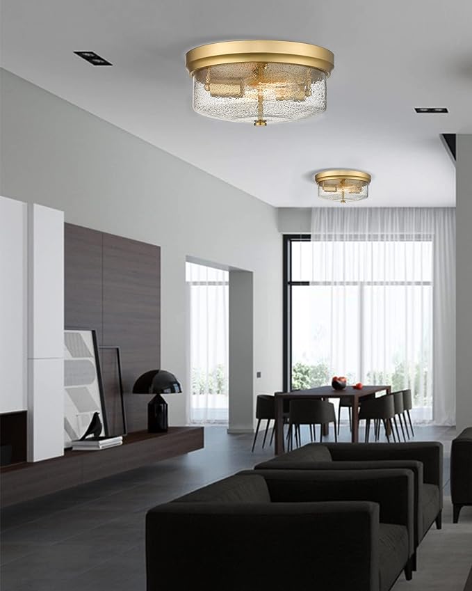 CALDION Gold Close to Ceiling Light Fixtures, 12 inch Flush Mount Hallway Light Fixture Gold Finish with Seeded Glass Shade Bedroom Ceiling Lights for Dining Room Kitchen Laundry Bathroom