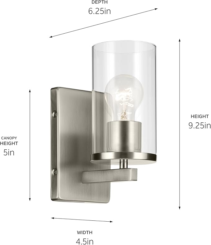 Kichler Crosby 4.5" 1-Light Wall Sconce Bathroom Light Fixture with Clear Glass in Brushed Nickel for Bathroom, Powder Room, Hallway, Kitchen, Bedroom (4.5" x 9.25"), 45495NICLR