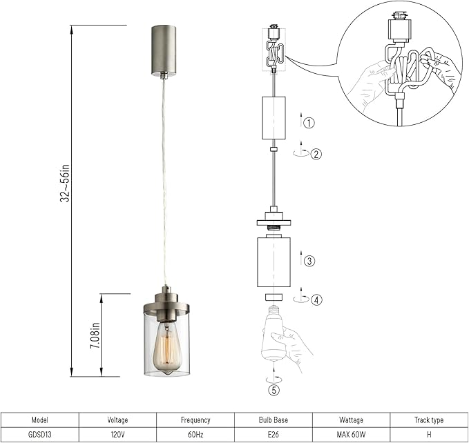 mirrea H Type Brushed Nickel Track Lighting Pendant with Clear Glass Shade Cord Adjustable Pack of 3