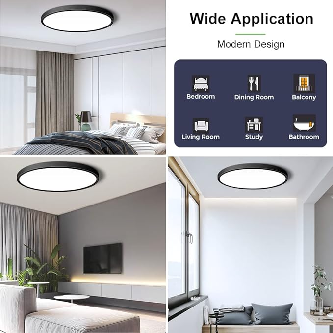 LightingWill 15.7 Inch Black Flush Mount LED Ceiling Light Fixture 32W, 5000K Daylight White, 3800LM, Flat Modern Round Closet Lighting Fixtures, Low Profile Ceiling Lamp for Bedrooms, Hallway .etc.