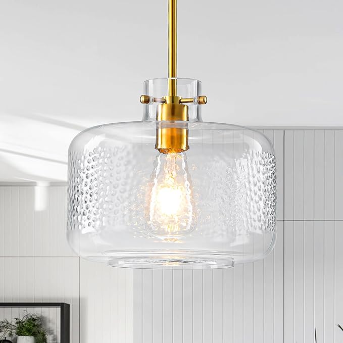WILON Glass Pendant Lights Kitchen Island, 9.84'' Brass Gold Pendant Lighting Fixtures, Modern Hanging Ceiling Light with Clear Hammered Glass Shade for Farmhouse Dining Room Bedroom Hallway(Brass)
