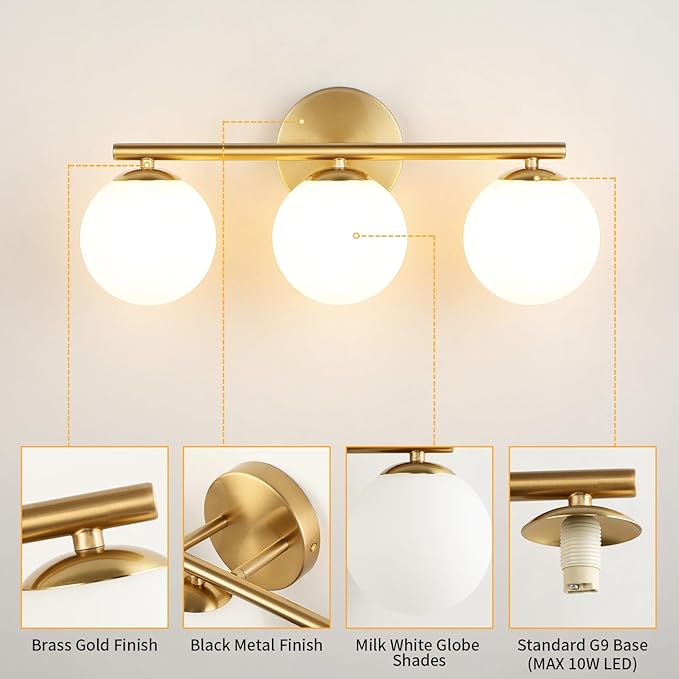Globe Bathroom Light Fixtures 3-Light Brass Gold Vanity Light with Plastic Milk White Globe Shades 18.11 inch Wall Sconce Lighting Over Mirror, Vanity Lights for Bathroom Bedroom Hallway