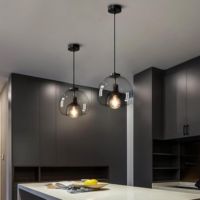 Large Smoke Glass Pendant Lights for Kitchen Island, Includes Extra Bulbs & 4.26FT Adjustable Cord, Modern Pendant Lighting Fixtures for Kitchen, Dining Room, Living Room(9in, 2-Pack)