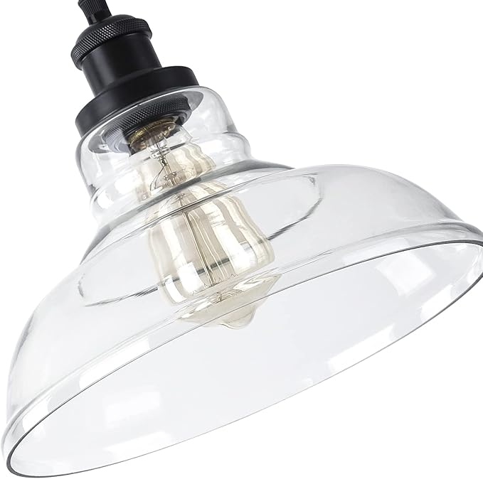 GLADFRESIT 3 Packs Industrial Pendant Lights, Vintage Hanging Light Over Table, Clear Dome Glass Lampshade, Black Lamp Head and Base, Adjustable Hanging Height Lighting Fixtures