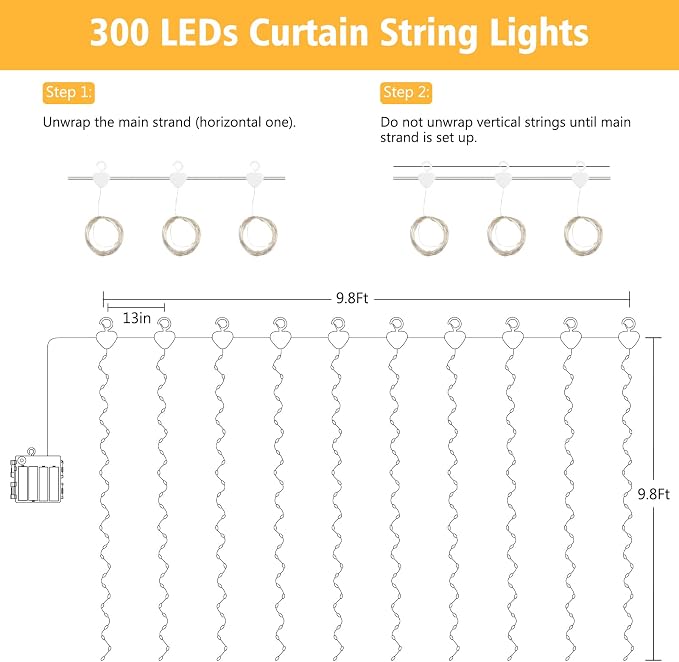 echosari Curtain Lights Battery Operated, 300 LED Fairy Lights 9.8 x 9.8Ft with Timer for Bedroom Wedding Backdrop Indoor Decor (Warm White)