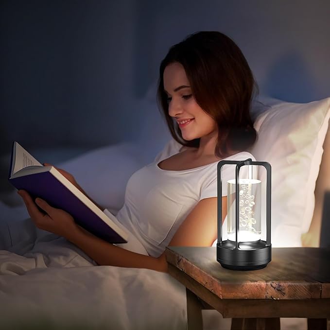 Portable Table Lamp for Outdoor Indoor: Cordless Rechargeable Desk Lamp with 3 Color Stepless Dimmable - Metal Battery Operated Lantern Light for Bedroom/Bar/Coffee Shop/Camping (Black (Bubble))