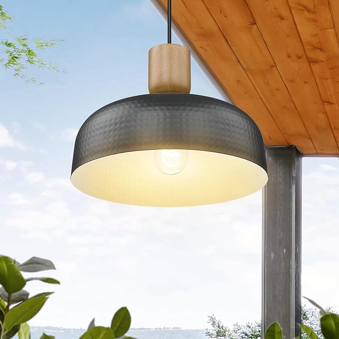 Darkaway Dusk to Dawn Industrial Pendant Light Fixtures Ceiling Hanging with Hammered Metal Shade, Black Pendant Light for Outdoor Porch Lighting Hanging Lamp Adjustable Height