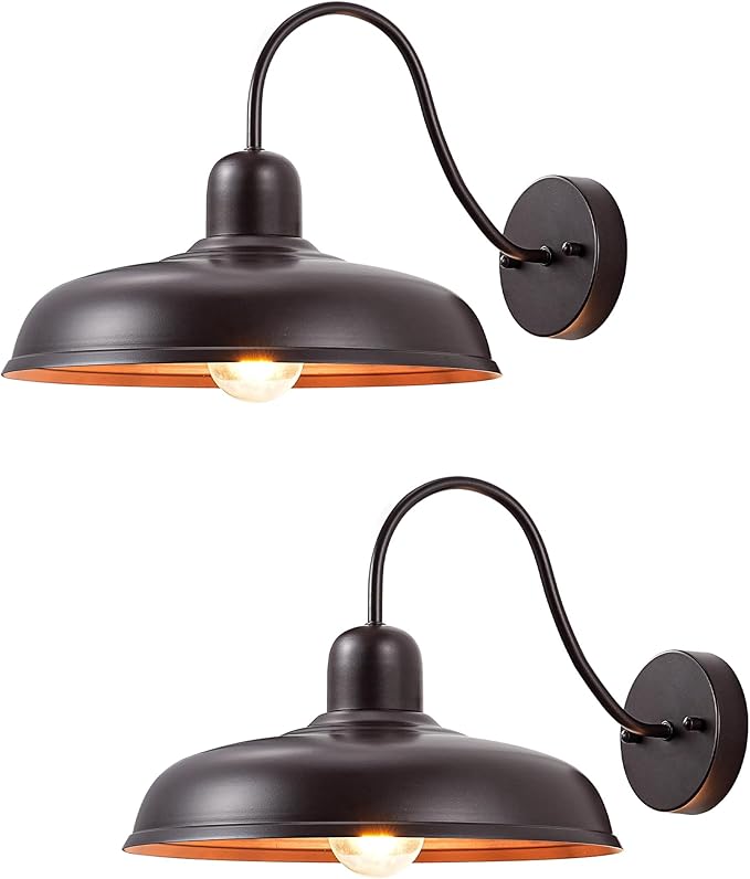 EDISHINE 12IN Farmhouse Outdoor Barn Light, 2 Pack Outdoor Wall Light Fixture, Gooseneck Outside Wall Sconce, Brown Wall Mount Lantern for Porch, Entryway, Garage