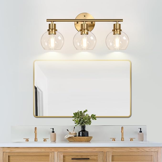 Indoi 3-Light Bathroom Light Fixtures, Brushed Gold Modern Vanity Lights Over Mirror with Clear Glass Globe Shade, Bathroom Wall Sconces for Mirror Kitchen Living Room Hallway Cabinet Bedroom Porch