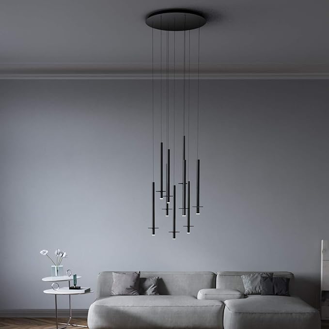 Draco 9 Pendant Lighting Black – LED Hanging Light Fixture for Kitchen Island, Bar, Foyer – Equilateral Cluster of Mini Metal Rod Pipe Tube Cylinders – Dimmable, Adjustable Wire, Lamp Bulb Included