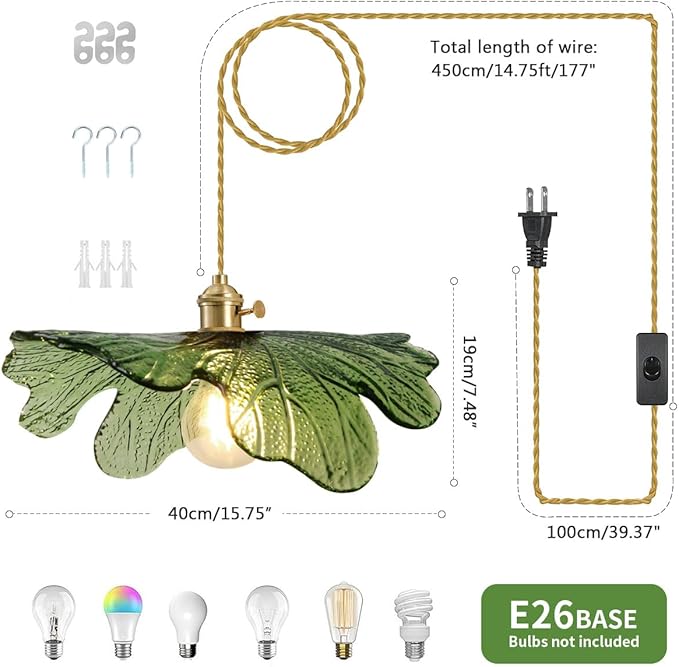 15.7" Large Green Glass Plug in Chandelier 1-Light Floral Ceiling Hanging Light Gold Adjustable Pendant Lighting for Living Room Dining Table, Flower Petal Pendant Fixtures