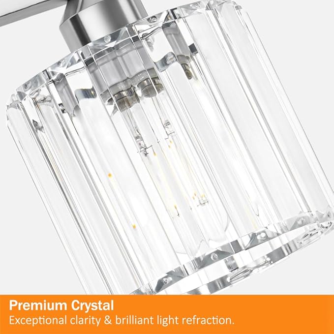 Modern Crystal Bathroom Vanity Light, 3-Lights Bathroom Light Fixtures, Chrome Vanity Light Fixtures over Mirror, Easy Installation & Dimmable Lighting, Crystal Wall Light Fixtures for Bathroom