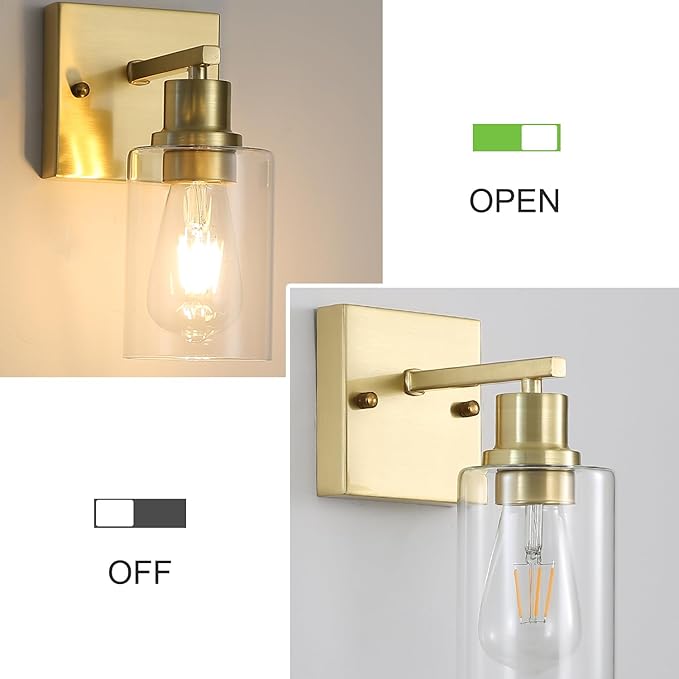 Living Room Wall Light fixtures 2 Pack, Brushed Gold Vanity Lights with Glass Shade, Farmhouse Modern Wall sconces for Gallery ,Mirror,Bedroom,Bathroom