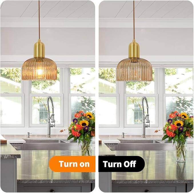 Vintage Pendant Light, Gold Pendant Lights Kitchen Island, Brass Ribbed Pendant Light with Amber Glass Shade, Mid Century Ceiling Lamp, Adjustable Hanging Light for Kitchen Island Dining Room Hallway