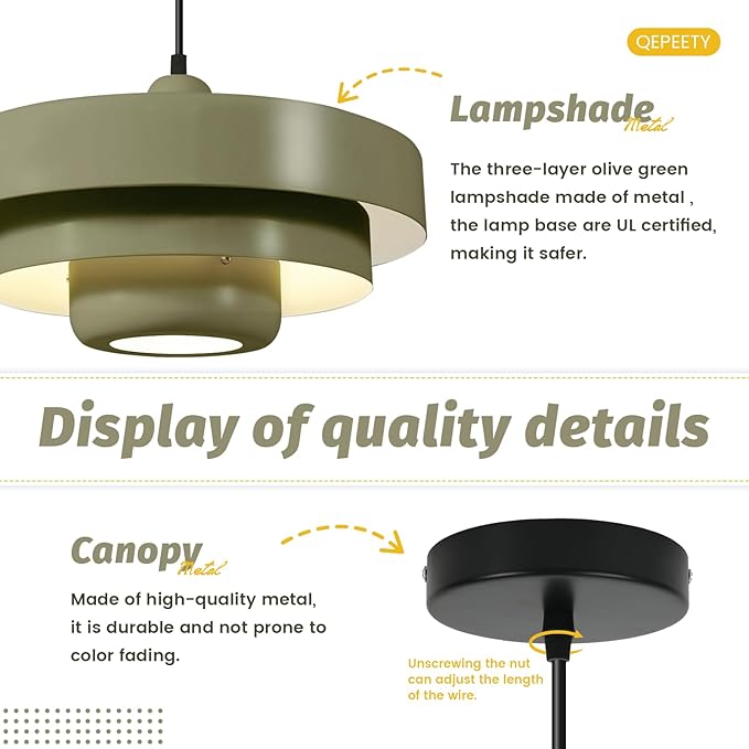 Olive Green Nordic Pendant Light, 13.8" Modern Flush Mount Ceiling Lamp for Kitchen Island, Farmhouse Hanging Light Over Dining Table, Closet, Pantry