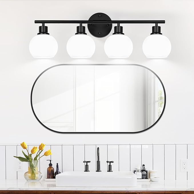 Indoi 4-Light Bathroom Light Fixtures, Black Bathroom Lights Over Mirror with Milky White Frosted Glass Globe Shade, Vanity Lights for Bathroom Kitchen Living Room Hallway Cabinet Bedroom Porch