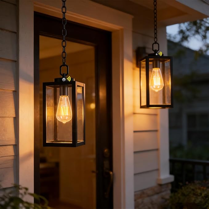 2 Pack 13" Dusk to Dawn Outdoor Pendant Light for Porch,Black Lantern Hanging Chandelier with Adjustable Chain, Anti-Rust Exterior Hanging Ceiling Fixture for Hallway,Front Door,Entryway Patio.
