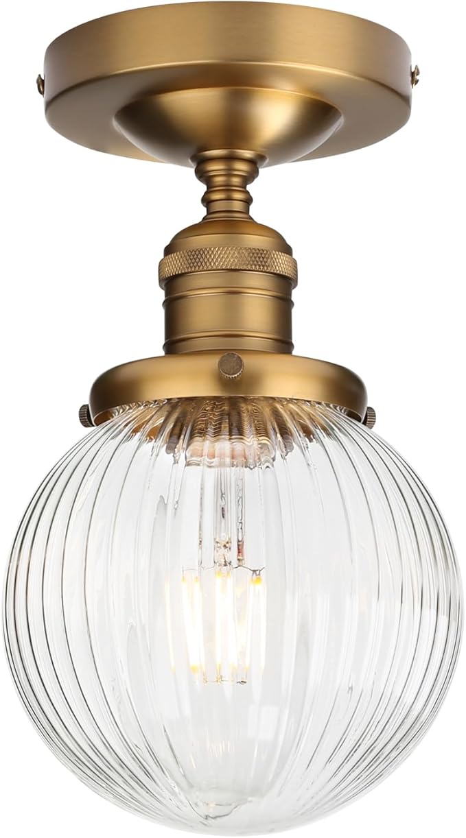 Pathson Modern Semi Flush Mount Ceiling Light Fixture with Striped Globe Glass Shade, Industrial Ceiling Lighting Lamp for Living Room Foyer Hallway Bedroom Over Kitchen Sink