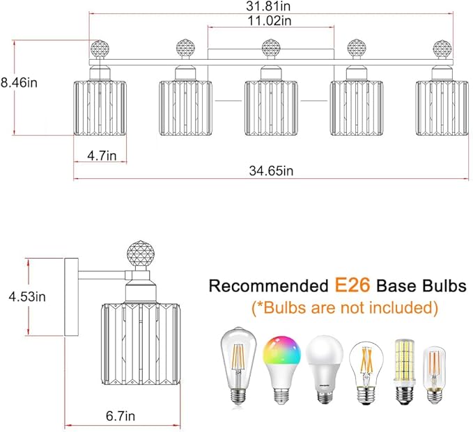 Lxybcce Bathroom Vanity Lights Over Mirror - Easy Installation with Clear Guide, 5-Light Shadow-Free Design, Gold Crystal Finish - for Modern Home Bathroom Lighting Fixtures in DIY Projects