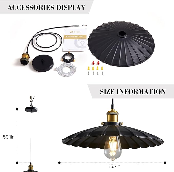 Hanging Light Fixture, Metal Pleated Lampshade Kitchen Island Pendant Lights Black Hanging Light Fixture 15.7 Inch Hanging Pendant Light 6.5Ft Height Adjustable