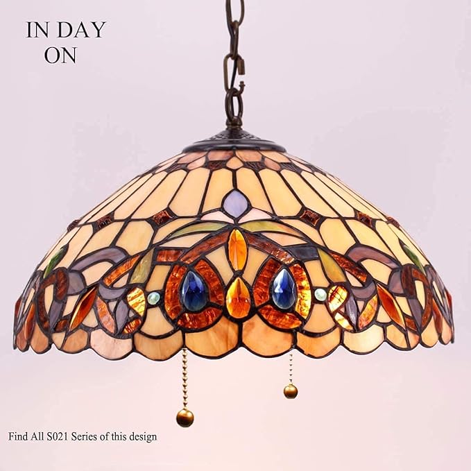 WERFACTORY Tiffany Pendant Light Fixture Serenity Victorian Stained Glass Hanging Lamp Wide 16 Inch, Height 40 Inch S021 Series