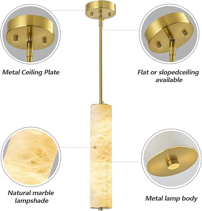 LMQNINE Natural Alabaster Pendant Lights White Marble 15" Long Tube Adjustable Boom Chandelier Modern 3000K Gold Ceiling Light for Kitchen Island Bedroom Dining Room Living Room Hallway(S-2Pack)