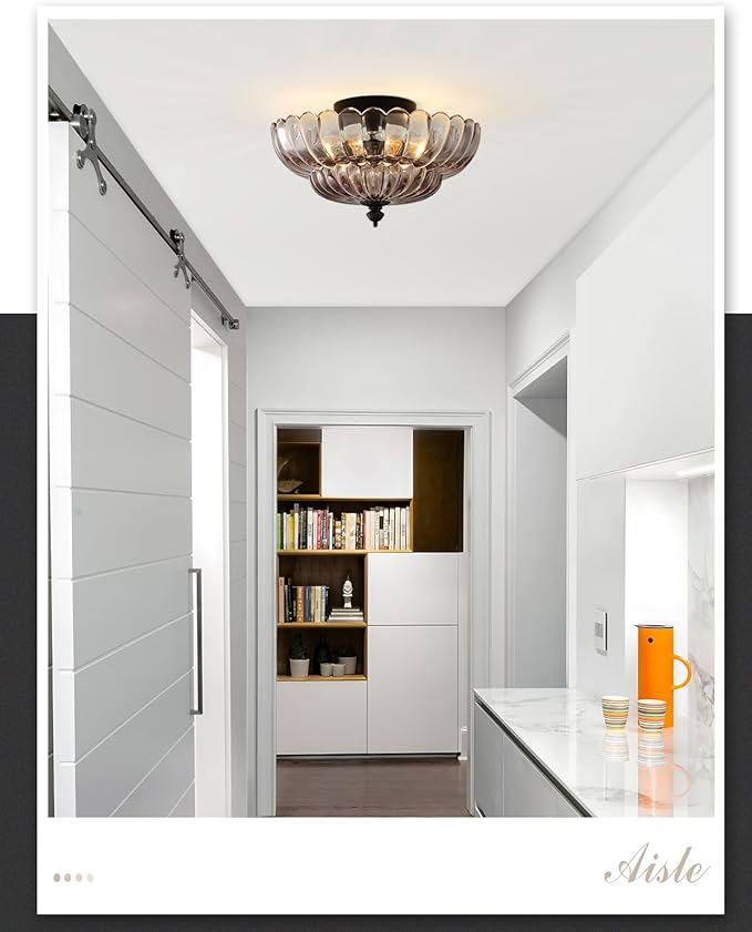 ANYLOVE Modern 12Inch Smoke Gray Flower Glass Semi Flush Mount Ceiling Light, 3 Light for Living Room Bedroom Hallway Entryway Foyer