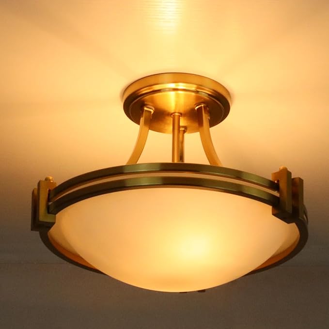 12-Inch Brass Semi Flush Mount Ceiling Light Milk Glass Light Fixture Mid Century 2-Light Gold Glass Ceiling Light for Hallway Bedroom Foyer