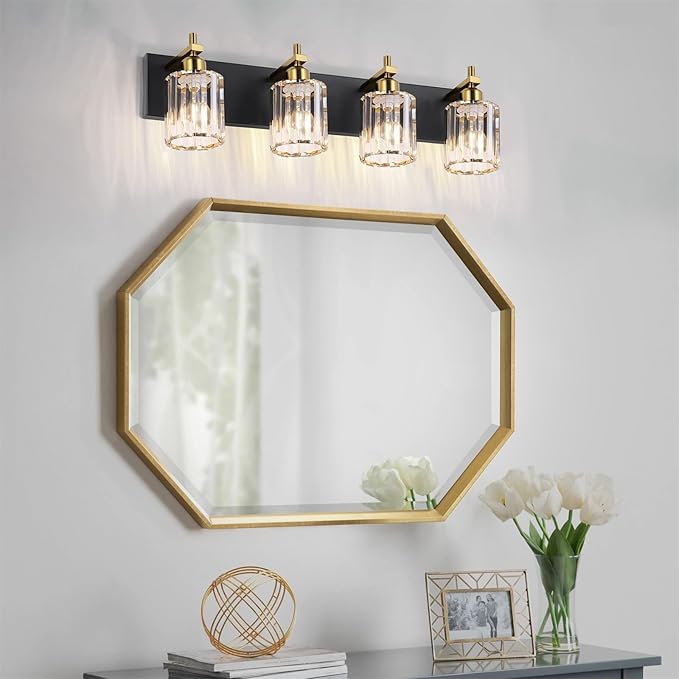 She's home 4 Light Crystal Vanity Lights for Bathroom - Black and Gold Modern Bathroom Vanity Lights Over Mirror 28 Inch, Bathroom Wall Lighting E26 Base
