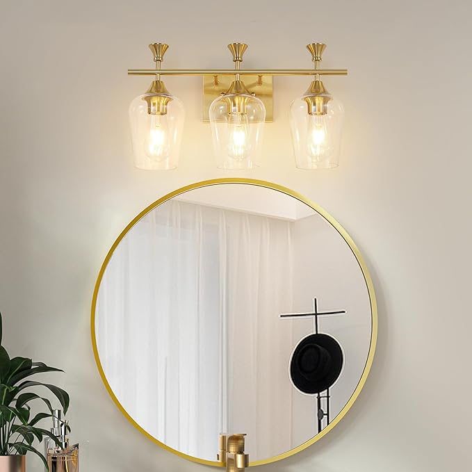 Bathroom Light Fixtures (3-Light, 19 Inch), Brushed Gold Vanity Lights for Bathroom with Clear Wine Glass Glass Shade, Modern Vanity Wall Lights for Mirror Bedroom Living Room Kitchen Hallway Porch